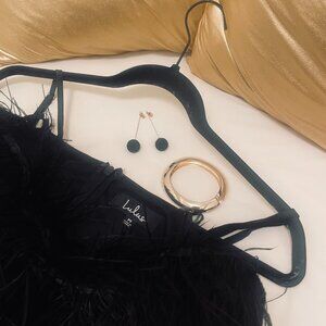 Lulus Black Feather Trim Dress (M) + Jewelry Bundle | NYE Ready ✨
